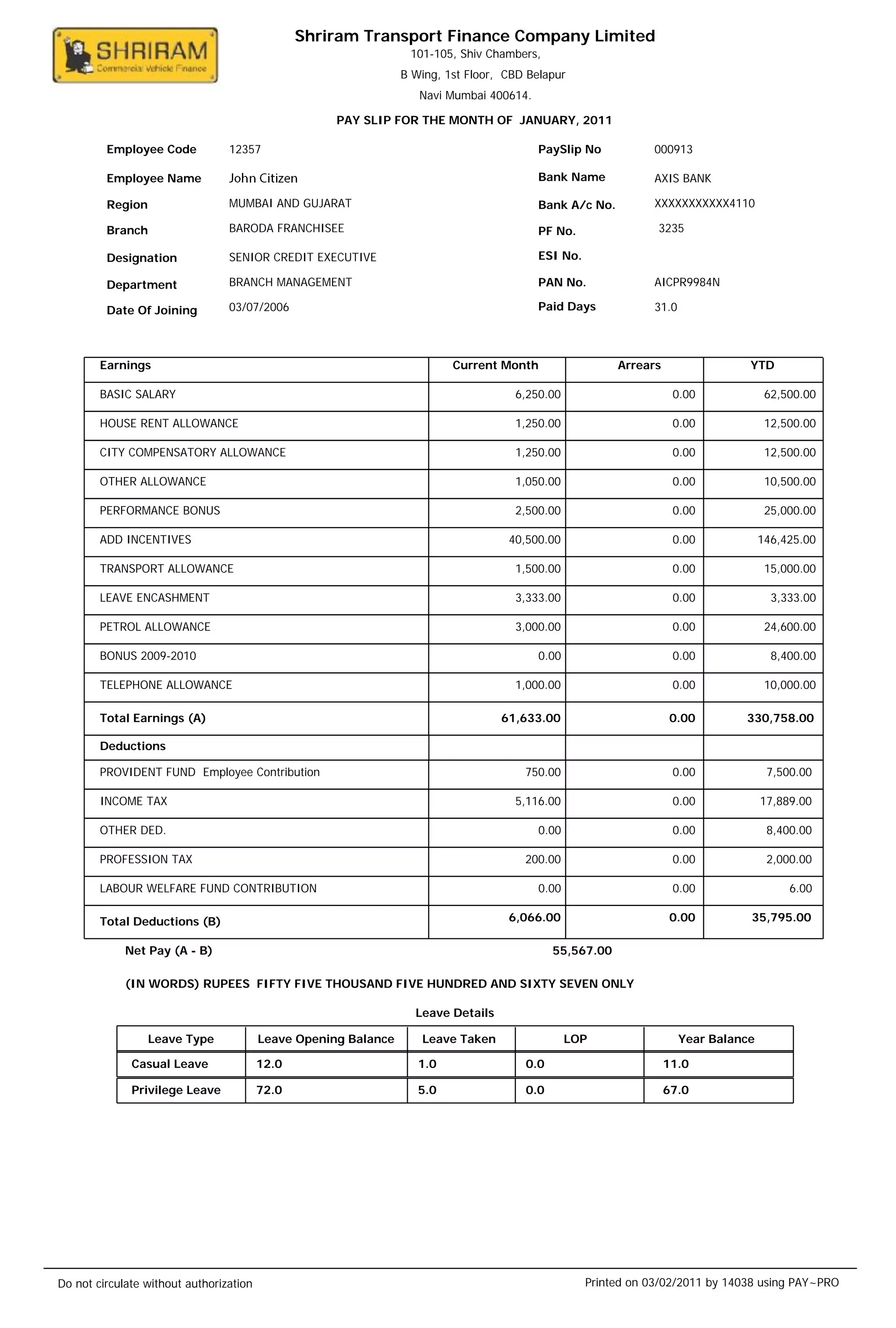Download INDIA SHRIRAM Transport Finance Company Limited payslip in Word  and PDF formats Photoshop template